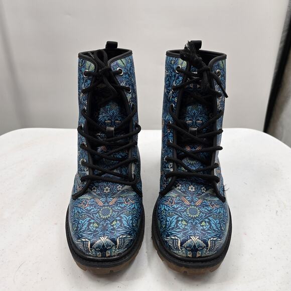Harlow & Lloyd Combat Boots Womens 8 Blue Bird Print Lug Sole - Picture 2 of 11